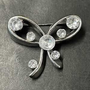Vintage Style Butterfly Brooch Silver Toned Metal and Clear Glass Rhinestones
